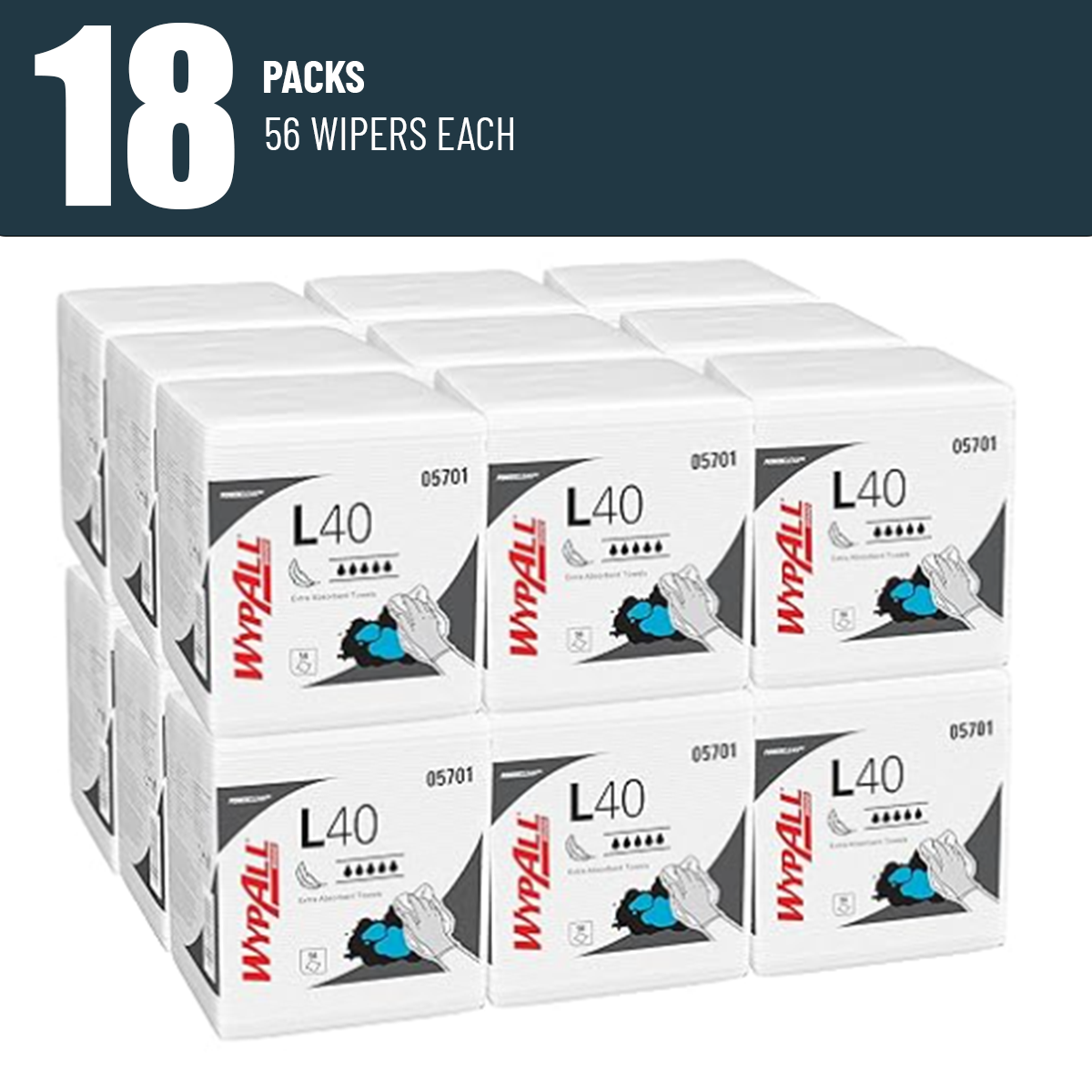 18 packs of WypAll PowerClean L40 Extra Absorbent Towels, each pack containing 56 sheets. White quarterfold towels designed for efficient absorption of liquids, lubricants, and oils.